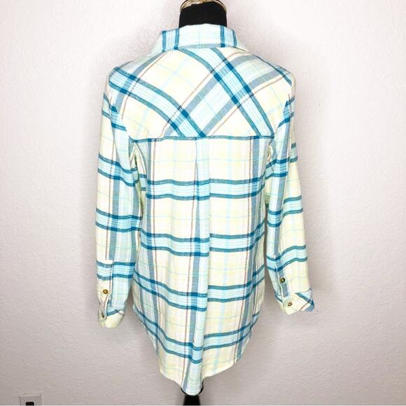 Soft Surroundings white blue yellow plaid flannel button down top size Small - Picture 15 of 15
